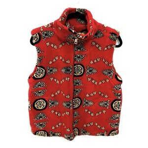 Vintage TIACE Vest Jacket Sz M Red Black Fleece Asian Art Novelty Pockets Canada